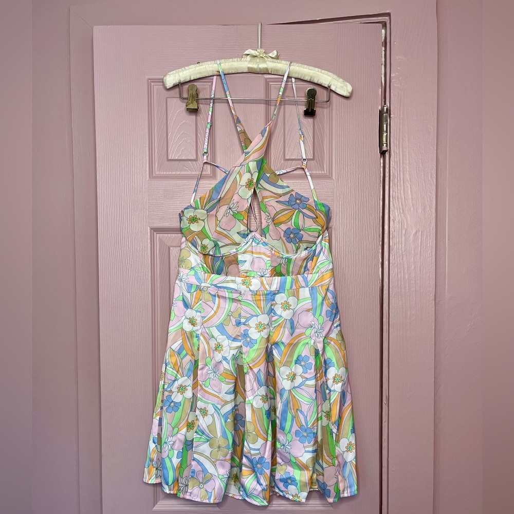 NWT For Love and Lemons 60s Mini Dress with Retro Design and Criss Cross Bust